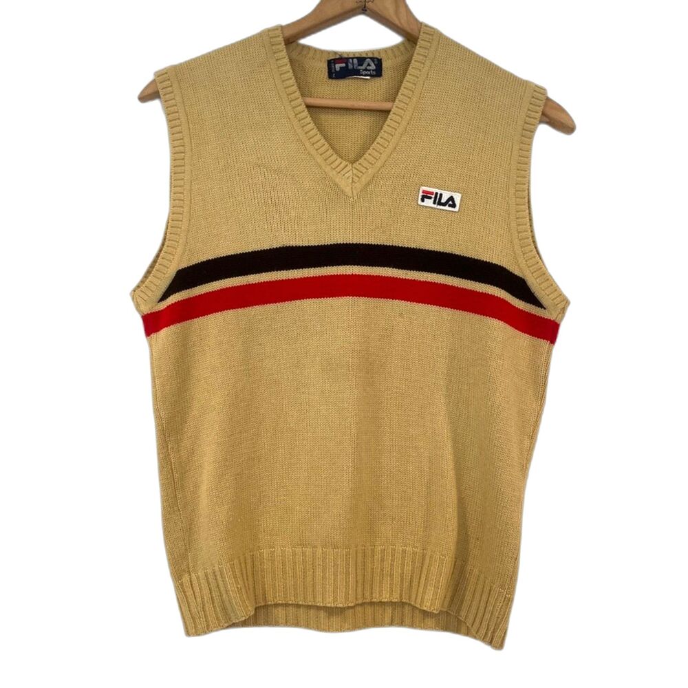 Vintage Fila Sweater Vest Tan Stripes V-Neck 70's 80's Tennis Sports Medium